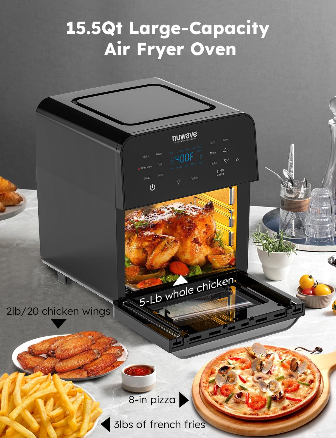 Nuwave Brio 15.5Qt Air Fryer Rotisserie Oven, 50°-425°F Temp Controls