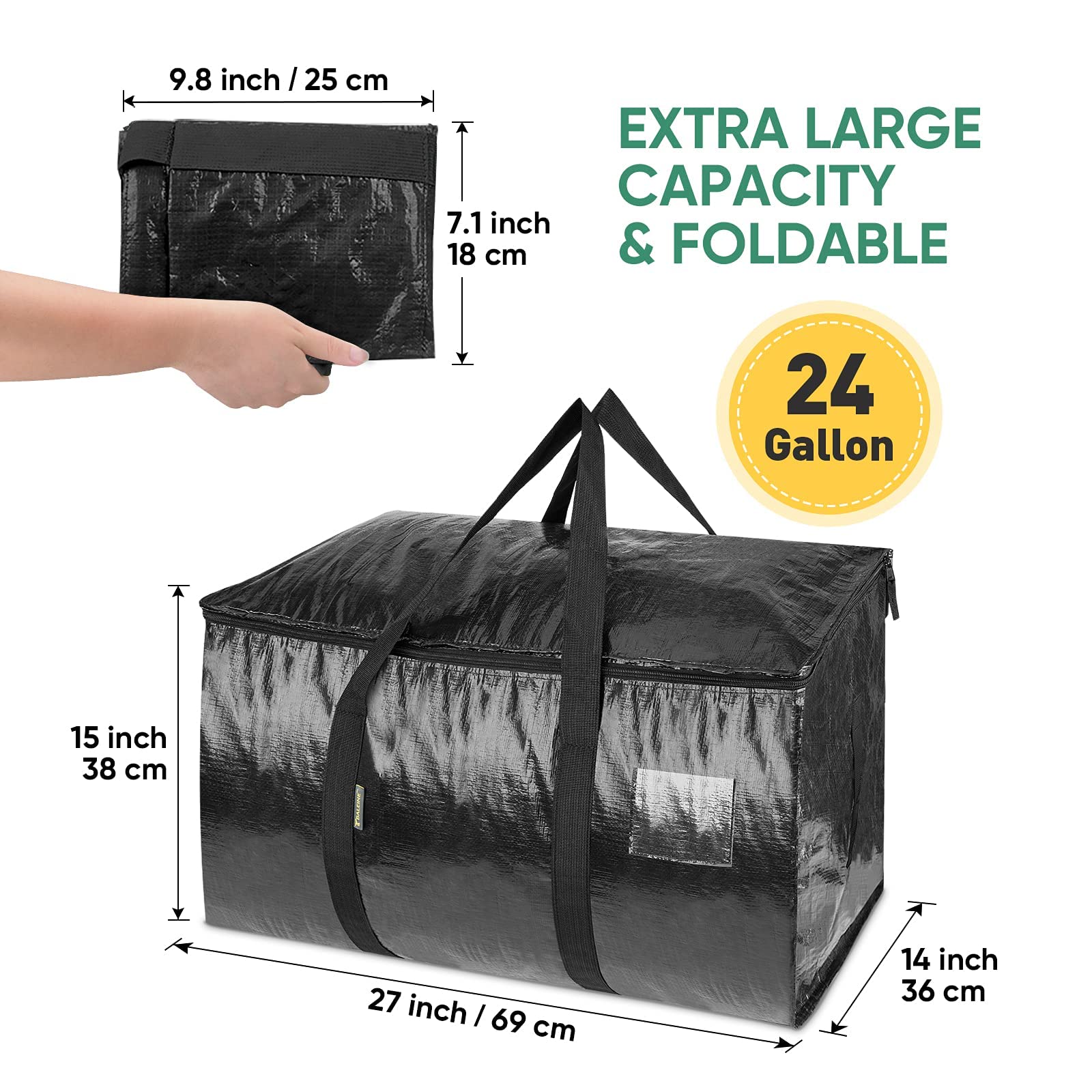 BALEINE 2-Pack Oversized Moving Bags with Reinforced Handles, Heavy-Duty Storage Tote for Clothes, Moving Supplies (Black, 2-Pack)