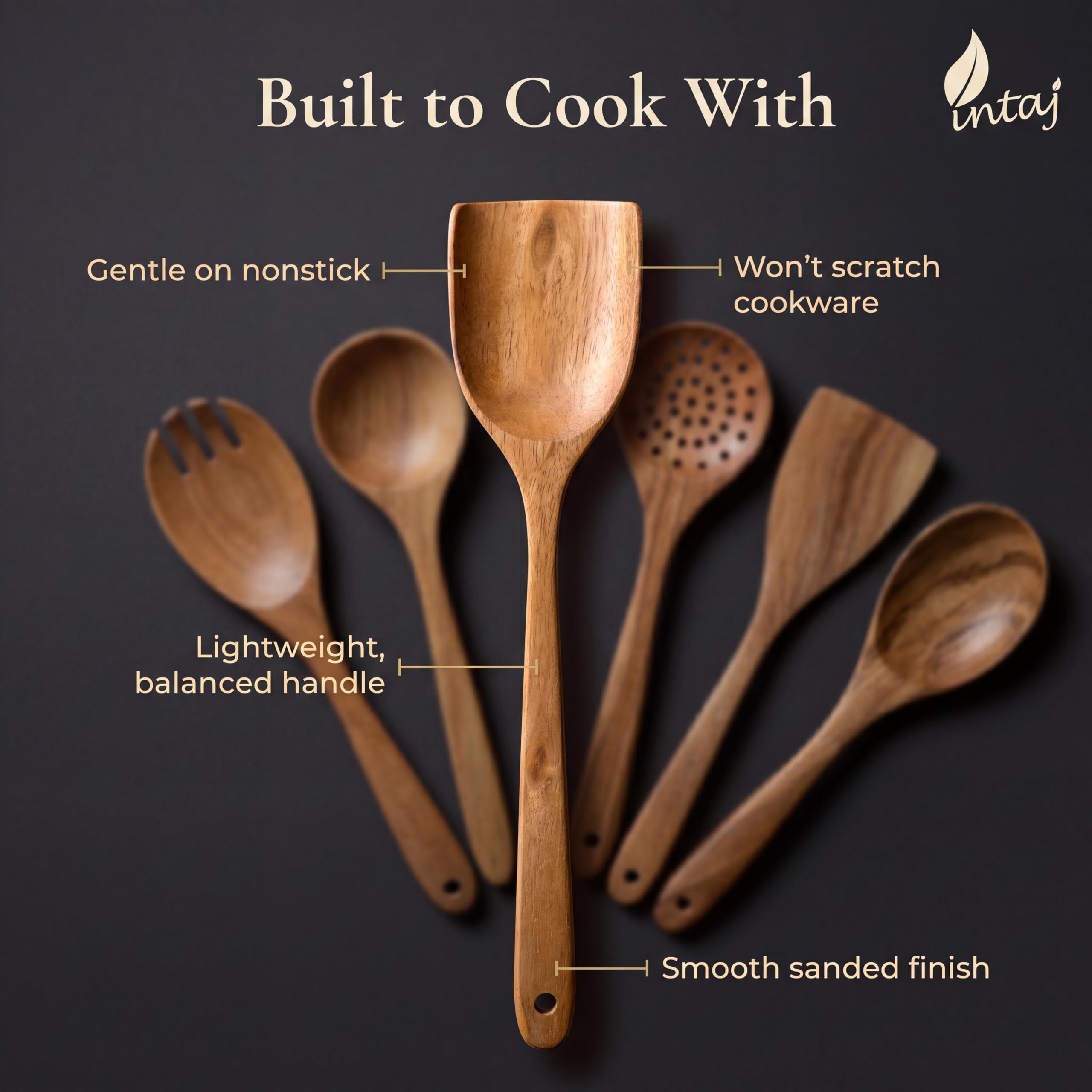 INTAJ Wooden Spoon Set for Cooking, 6-Piece Handmade Teak Kitchen Utensils