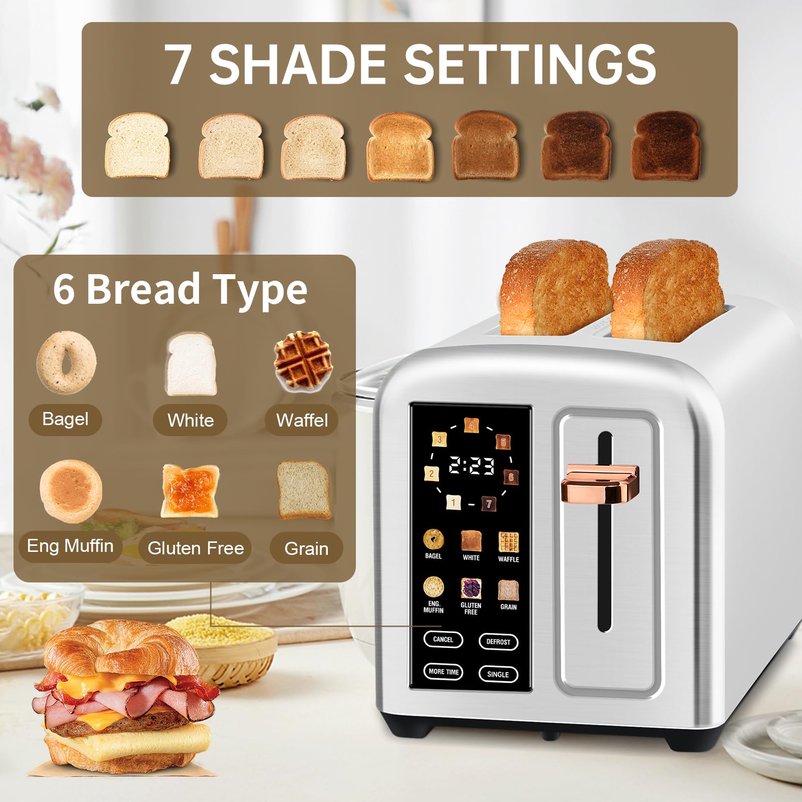 SEEDEEM Toaster 2 Slice, Real Touch Screen with LCD Display, Single-Slice Function, Stainless Steel Toaster, 50% Faster Heating, 1.5" Wide Slots, Removable Crumb Tray, 1350W, Silver Metallic