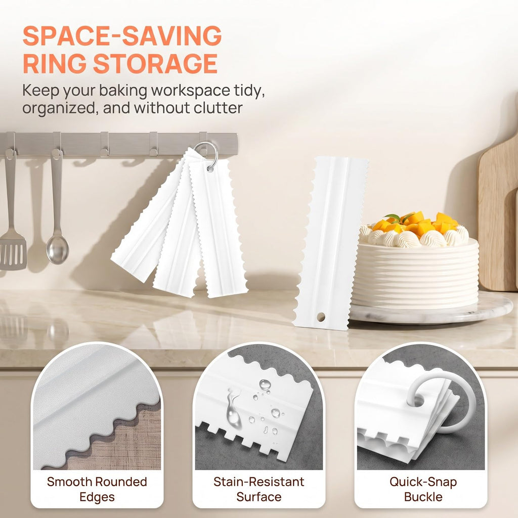 EKIND Cake Scraper Set Double Sided Icing Smoother Long Edge Buttercream Spatula Comb for Decorating Mousse Pastry Tools Baking Supplies(4 Pcs White)