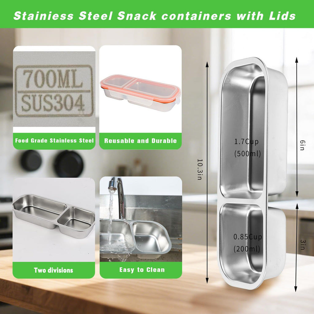 Ctarlitu Stainless Steel Snackle Container For Adults, Reusable Bento Lunch Box Snack Containers, 2 Compartment Divided Food For Home Work Travel