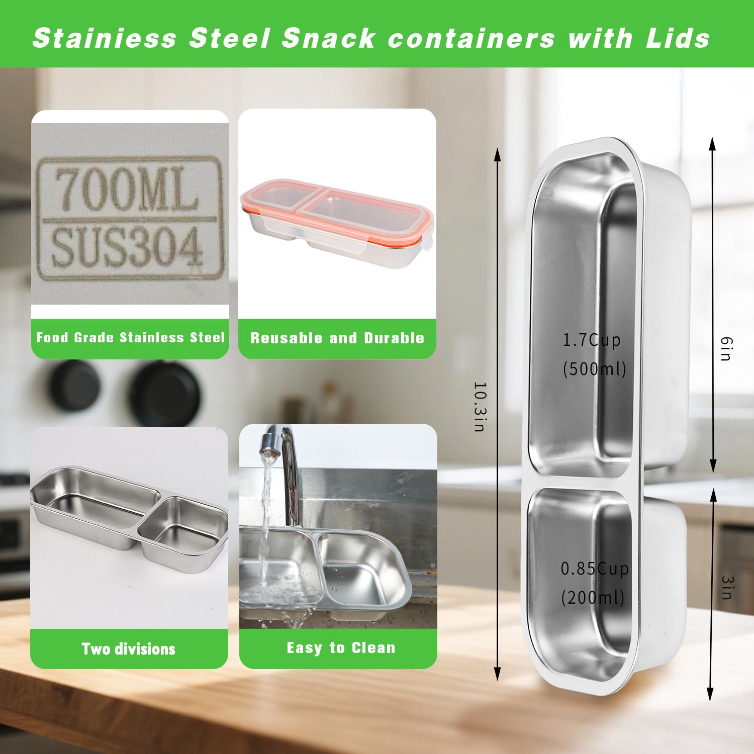 Ctarlitu Stainless Steel Snackle Container For Adults, Reusable Bento Lunch Box Snack Containers, 2 Compartment Divided Food For Home Work Travel