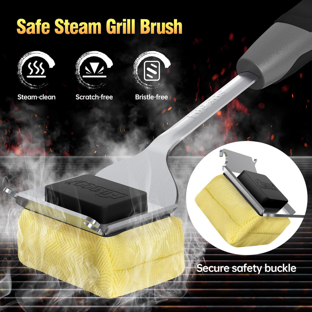 Grill Brush Bristle Free for Outdoor Grill, Steam Grill Cleaning Brush Replaceable BBQ Cleaner Brush Head,Extended Handle, Safe Grill Brush with Scraper for Cast Iron Stainless-Steel Grates,Black