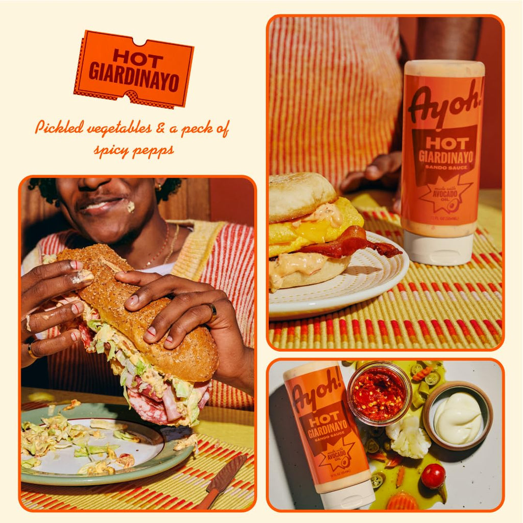 Ayoh! Hot Giardiniera Mayo with Avocado Oil | 12 oz (Pack of 2) | Seed Oil Free, Gluten Free, Non-GMO, Keto Friendly | Ultimate Condiment for Sandwiches, Burgers, Bowls, Fries, Dips & Dressings | Craveable Giardiniera Flavor by Molly Baz