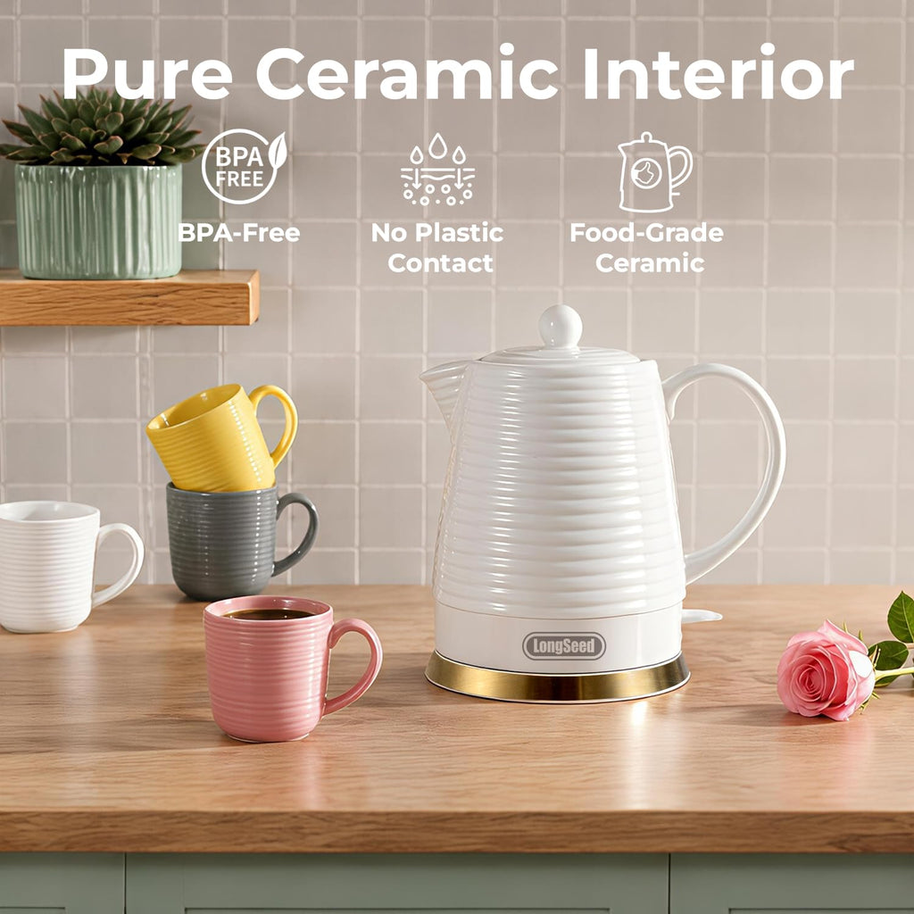 LONGSEED 1000W Ceramic Electric Kettle with 4 Mugs & Infuser, 1.2L Rapid Boil, Ideal Gift for Housewarming, Wedding, Tea Lovers, Auto Shut-Off, Boil-Dry Protection