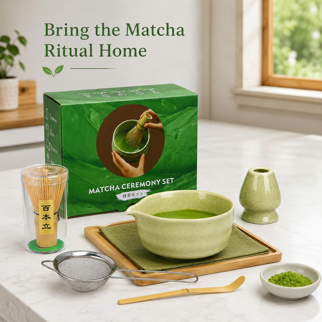 Rzoklot Matcha Tea Set – Japanese Matcha Bowl with Spout, Bamboo Whisk, Scoop, Holder & Strainer – Complete Ceremonial Matcha Kit for Beginners & Gift-Giving, Green
