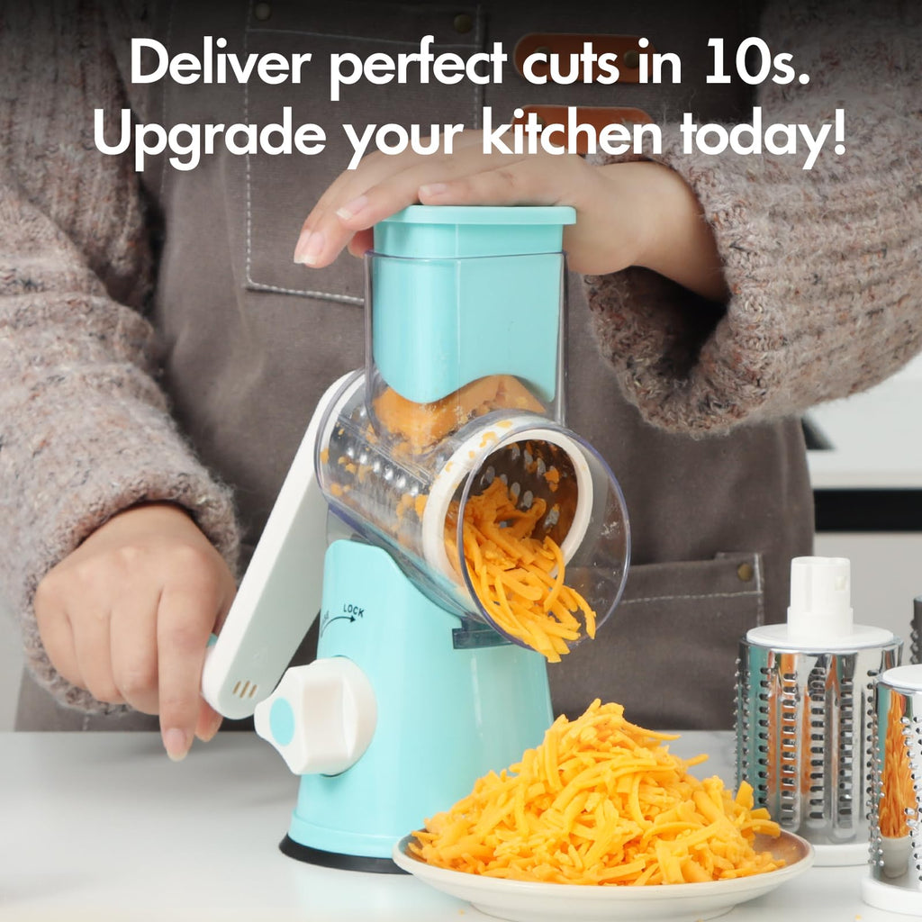 Ancevsk Cheese Grater Hand Crank, Rotary Vegetable Shredder with Handle and Strong Suction base, 3 in 1 Kitchen Speed Spin Veggie Slicer Nut Grinder for Pizza Top, Hash brown, Salad and More (Blue)
