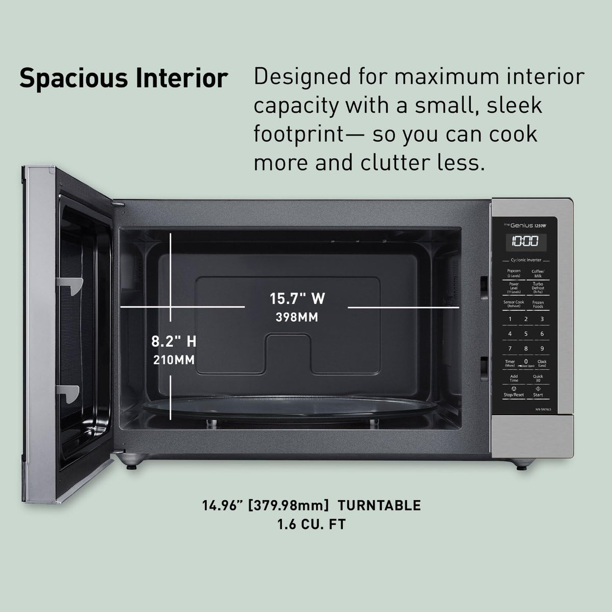 Panasonic NN-SN76LS 1.6 cu.ft Cyclonic Inverter Countertop Microwave Oven 1250Watt Power with Genius Sensor Cooking, 19.44"D x 21.88"W x 11.94"H, Stainless Steel