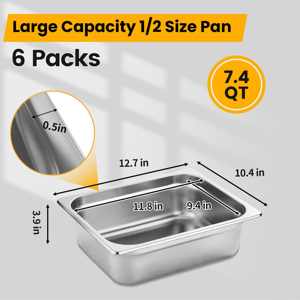 Aplancee 1/2 Hotel Pans 4 Inch Deep Stainless Steel Food Pan - Anti-Jam 6 Pack Steam Table Pan Set for Catering, Buffet Use, Kitchen Prep
