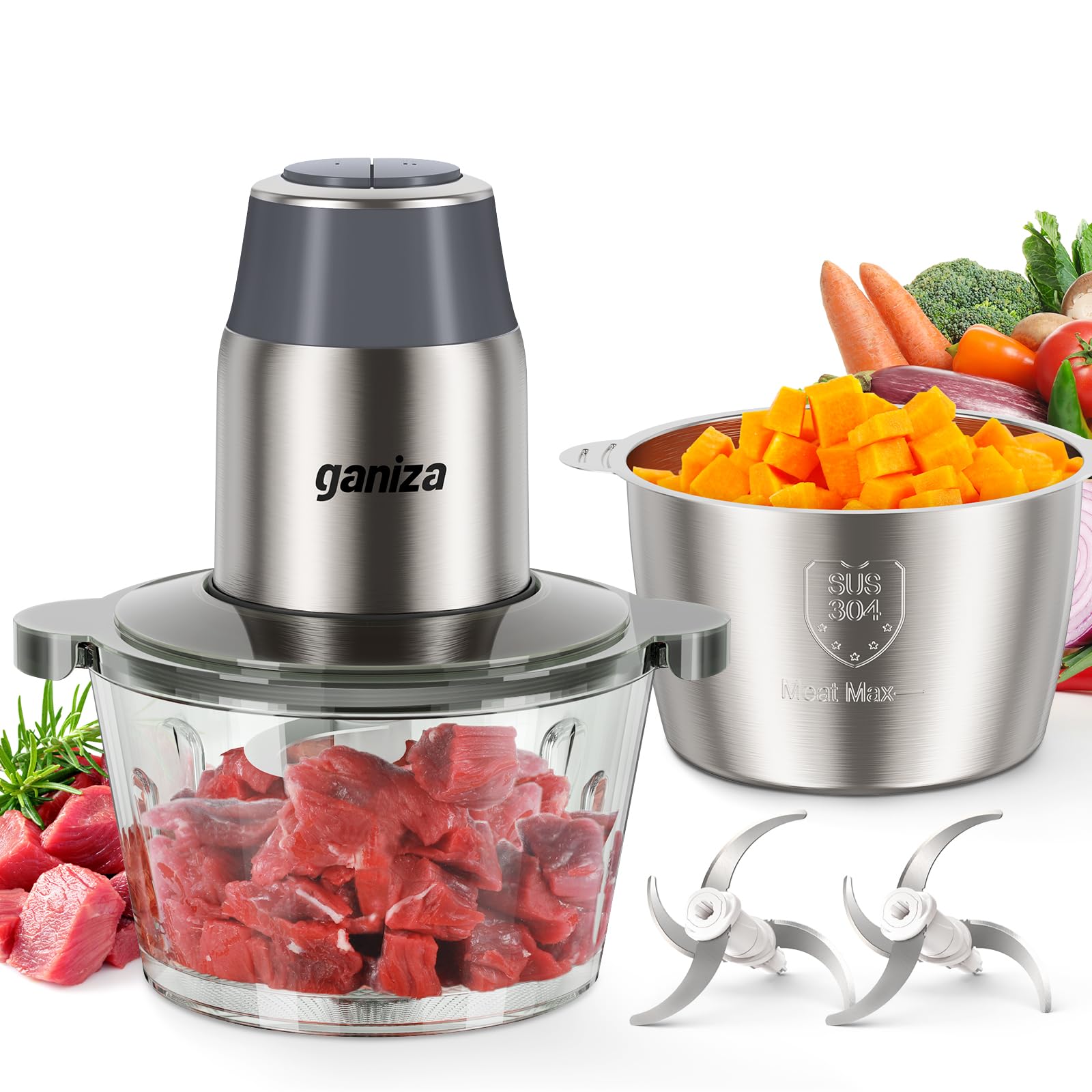 Ganiza Food Processors with 2 Bowls, 450W Meat Grinder Vegetable Chopper