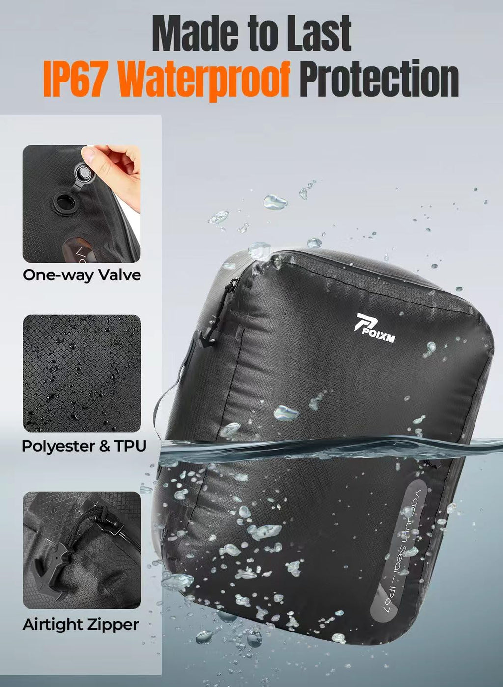 POIXM Vacuum Bags for Travel with Wireless Pump, 180° Open Zipper, IP67 Waterproof, Reusable Space Saver Compression Bags for Backpack, Suitcase, Home Storage(1 Pack + Pump)