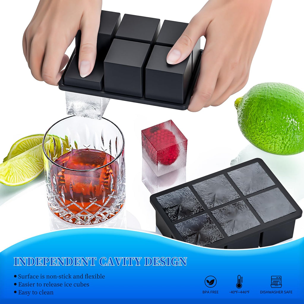 Large Ice Cube Tray for Whiskey 3 Pack, HANCELANT Big Silicone Square Ice Cube Mold with Removable Lid, 2'' Huge Square Ice Cubed Tray for Whisky and Cocktail