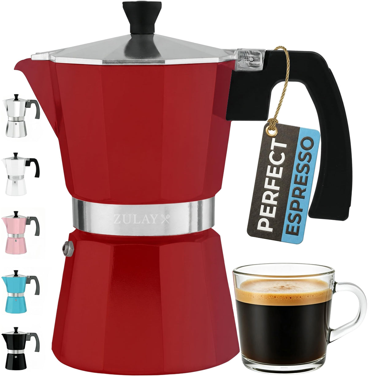 Zulay Moka Pot Espresso Stovetop Coffee Maker - Leak-Proof, Stainless Steel, Easy to Clean, Heat Resistant Handle & Knob - for Authentic Cuban & Italian Style Espresso - Makes 12 Espresso Cups - White