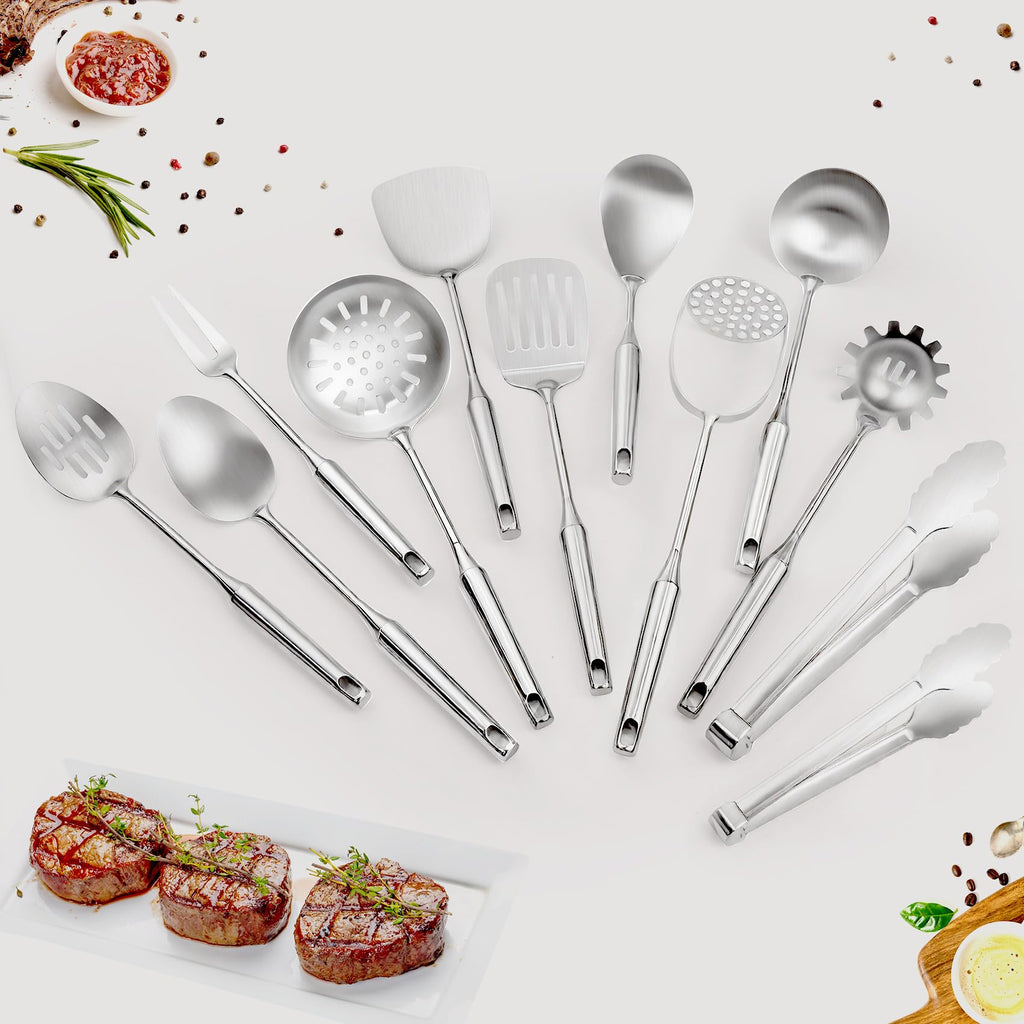 304 Stainless Steel Cooking Utensils Set, 12 Pcs Long Stainless Steel Kitchen Utensils Set, Metal Cooking Utensils Set with Potato Masher, Spoon, Ladle, Skimmer, Pasta Server etc(Dishwasher Safe)