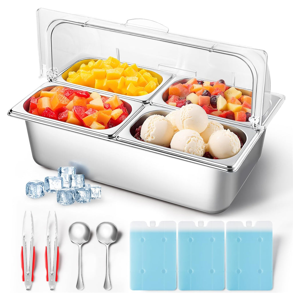 Tijvzk Stainless Steel Ice Food Serving Display Container 6 Pans 3 Ice Packs Cooled Condiment Dispenser Cold Serving Appetizer Buffet Organizer (4 Pans)
