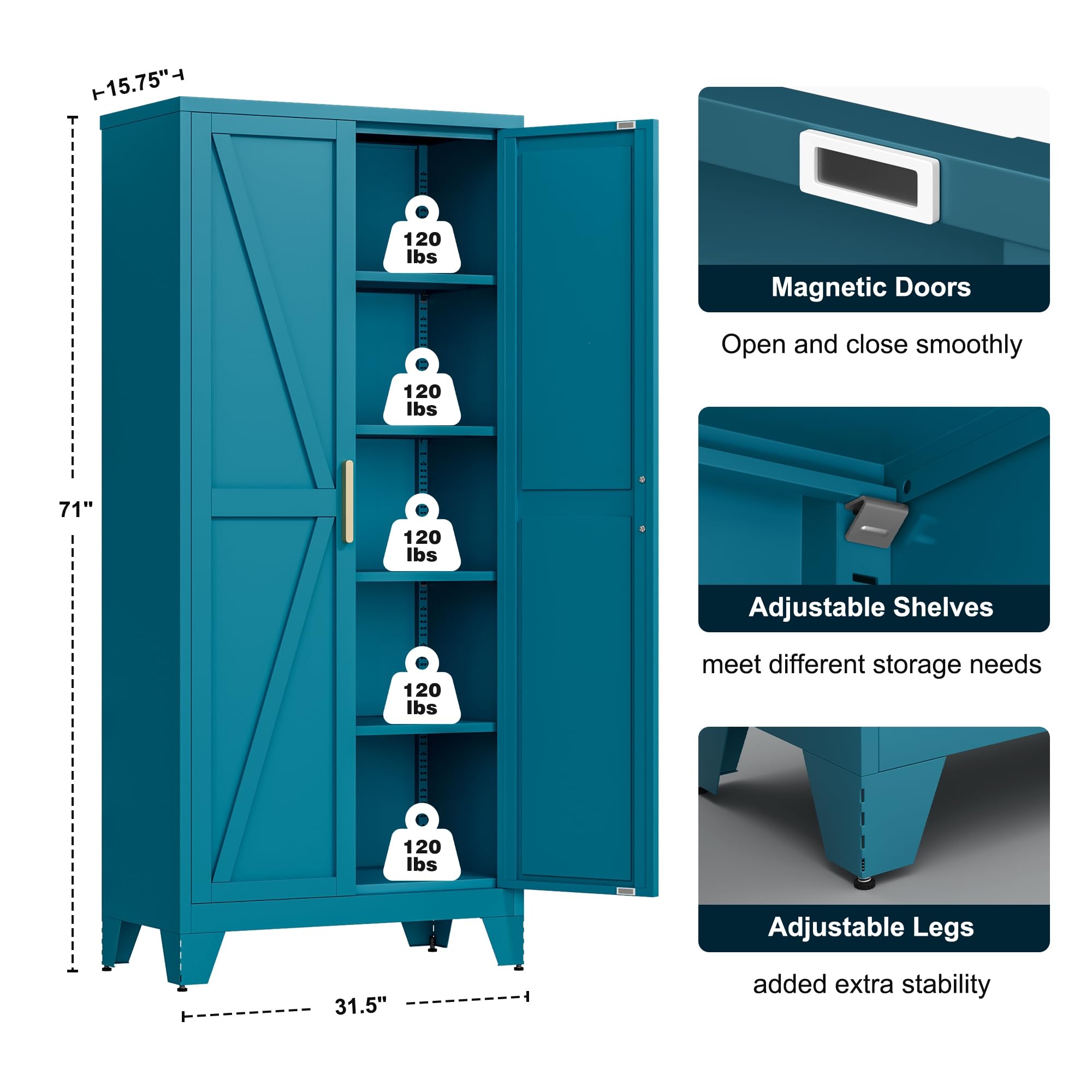 LCAOPC 71" Tall Metal Storage Cabinet with 2 Doors and 4 Adjustable Shelves, 5-Tier Kitchen Pantry Storage Cabinet for Kitchen, Living Room, Dining Room and Office, Blue