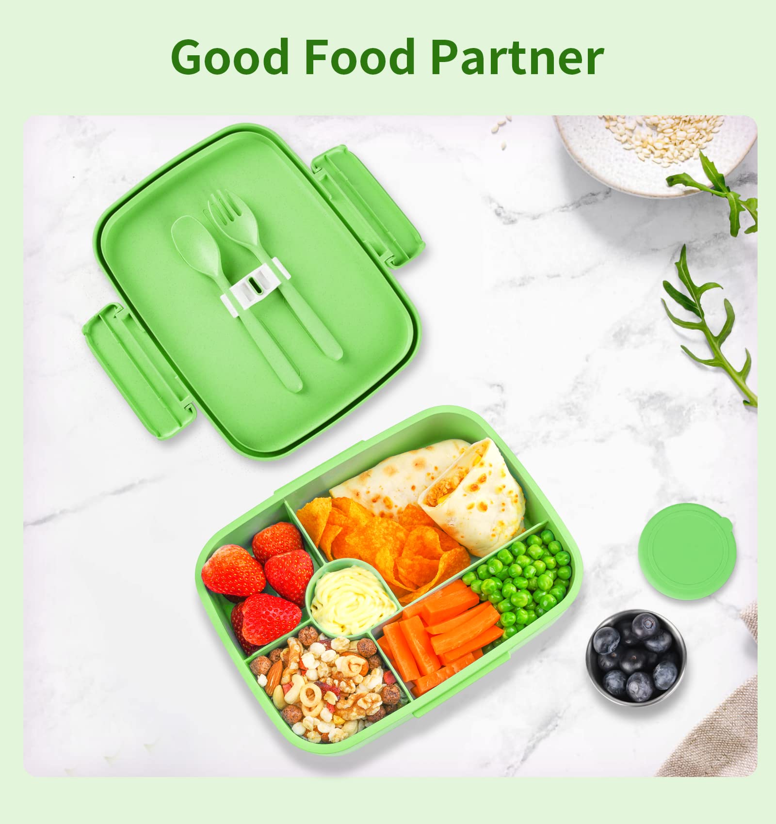 ANDMOON Bento Lunch Box with Kids/Adults, 5 Compartments Leakproof Lunch Container with Dressing Cup, Eco-Friendly Double Insulated Boxes, Dishwasher and Microwave Safe, BPA-Free (green)