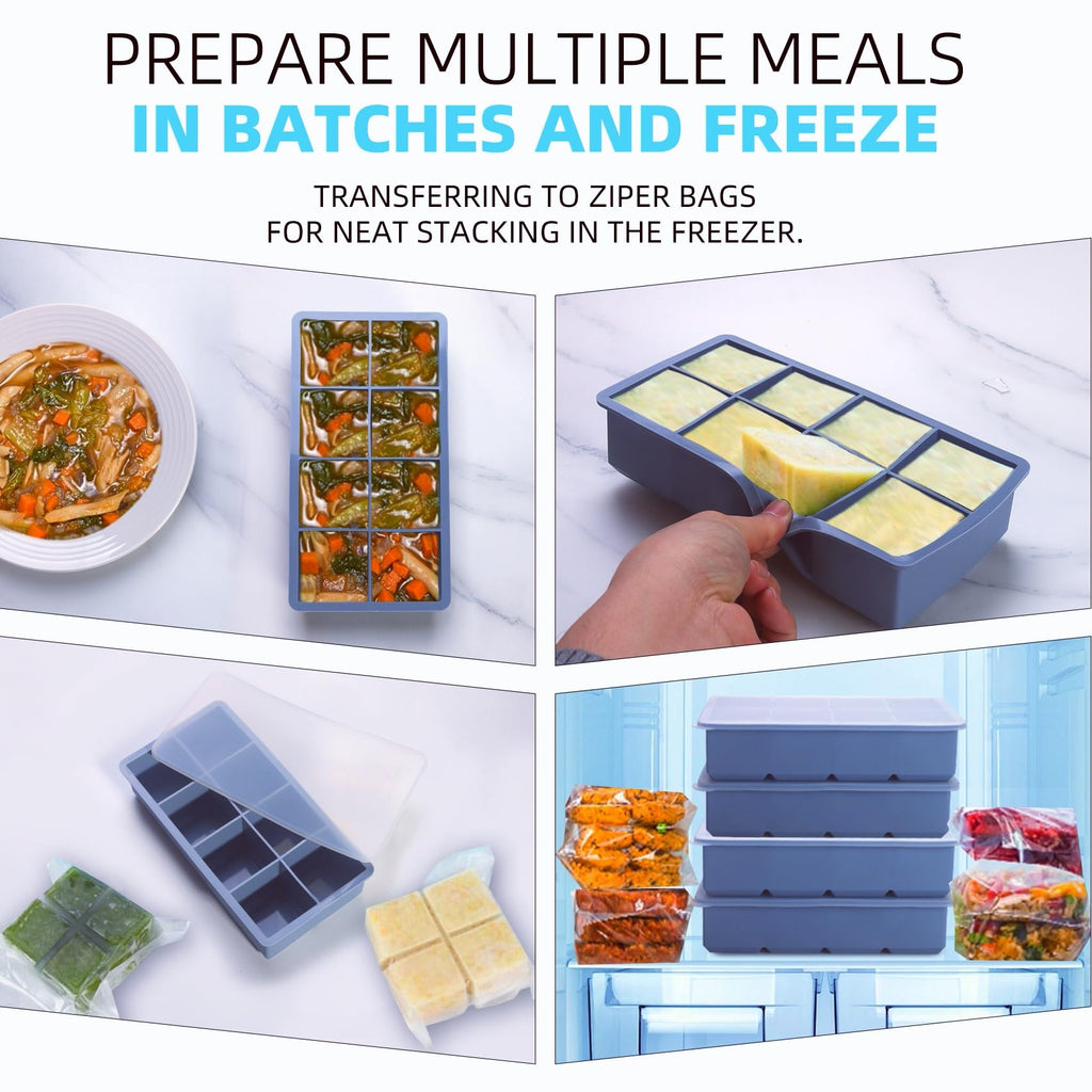 1/2 Cup Silicone Freezer Tray With Lid - Silicone Freezer Molds 4-Pack For meal prep & freezing of various sauces and other dishes, makes 32 perfect 1/2 cup portions cube (Blue 4 Pack)