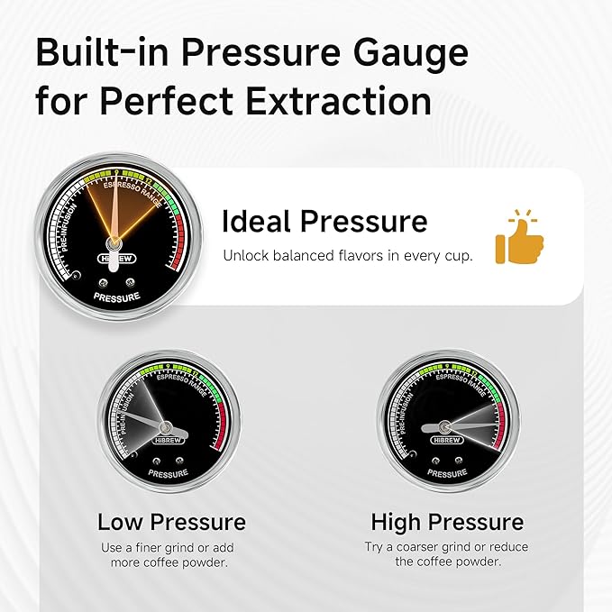 HIBREW H10B - 51mm Espresso Machine - Temperature & Cup Volume Adjustable at will - With Intelligent Display Screen & Pressure Gauge - Stainless Steel Body(Metallic Silver)
