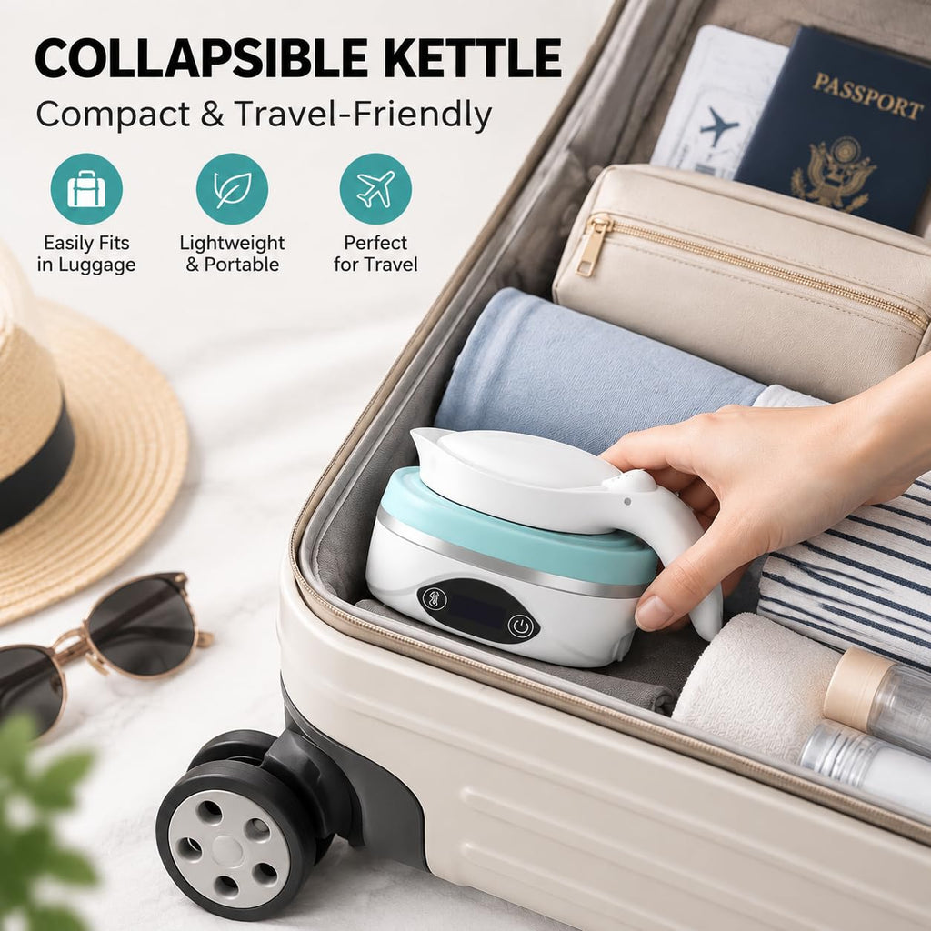 AUCOO Collapsible Travel Kettle, 700mL Small Electric Kettles for Boiling Water, 850W Portable Foldable Kettle with Digital Temperature, 110-220V Dual Voltage, BPA-Free Silicone for Tea & Coffee