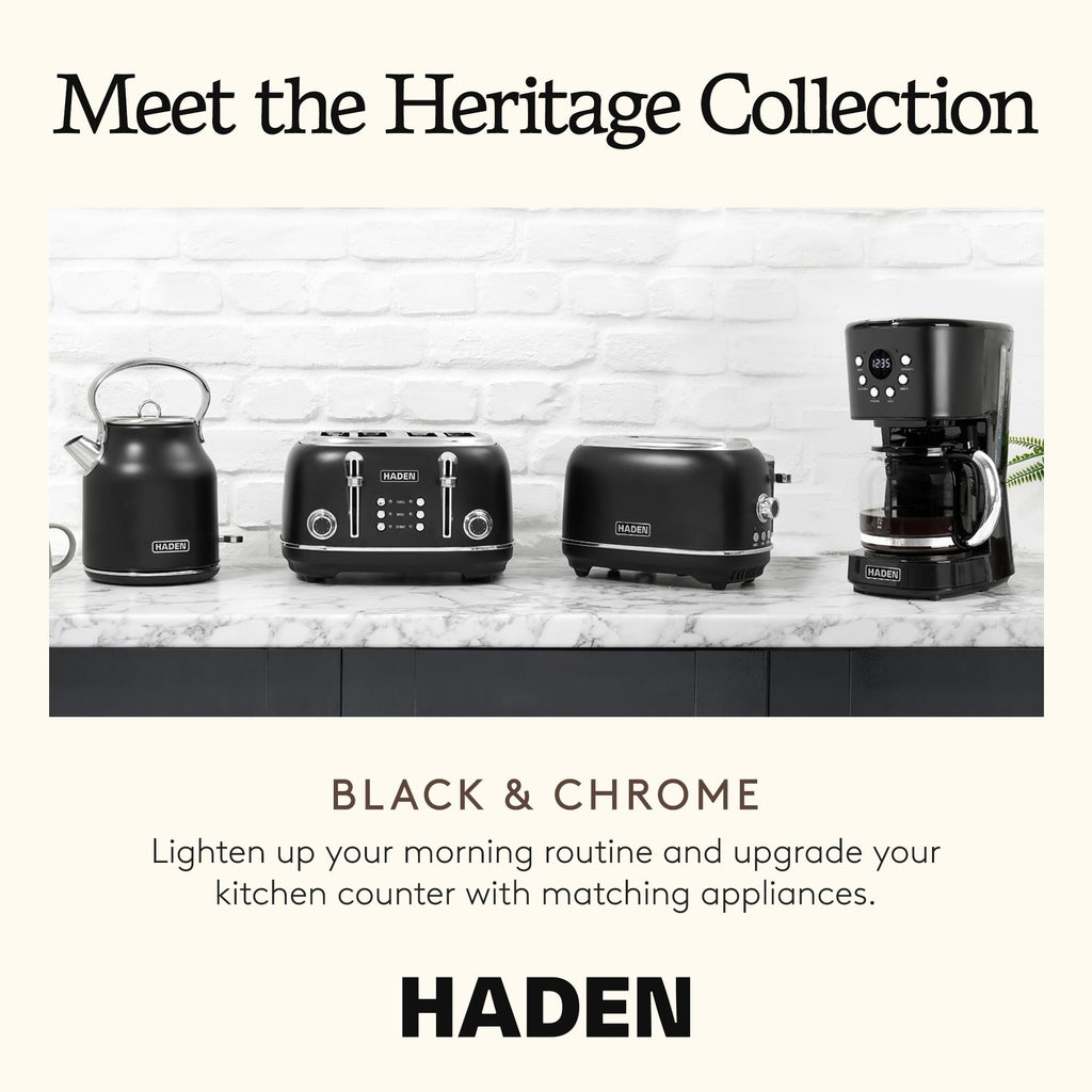 HADEN Heritage 4 Slice Wide Slot Stainless Steel Toaster Bundled with 12 Cup Programmable Drip Coffee Maker Coffee Machine, Black & Chrome