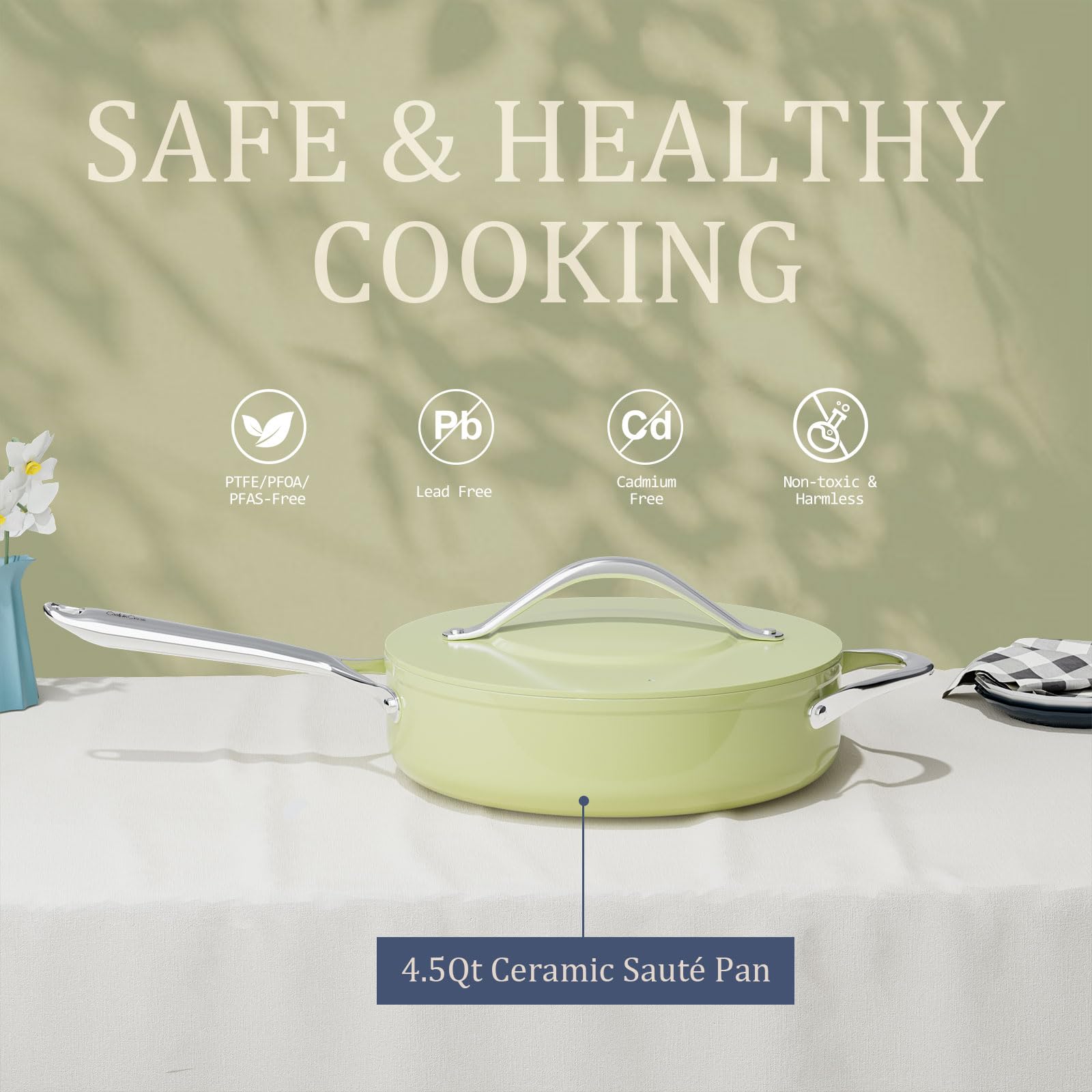 CookinCraze Premium Ceramic Sauté Pan with Lid, 4.5 QT Nonstick Deep Pan