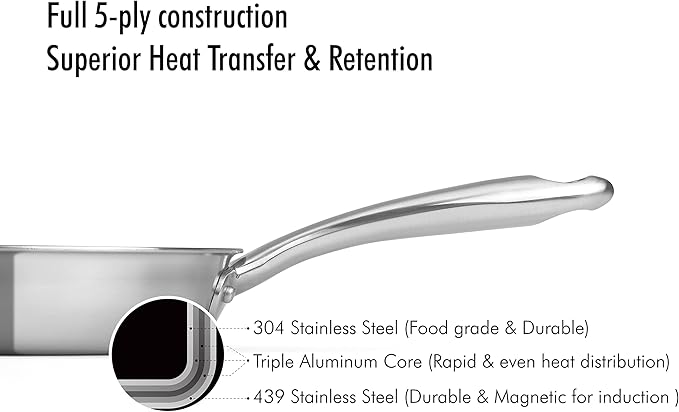 5-ply Stainless Steel Frying Pan 10inch, Full 5-Ply Clad Construction Professional Grade Pan, Brushed Finish, Induction Cooking Pan, Oven Safe, Dishwasher Safe