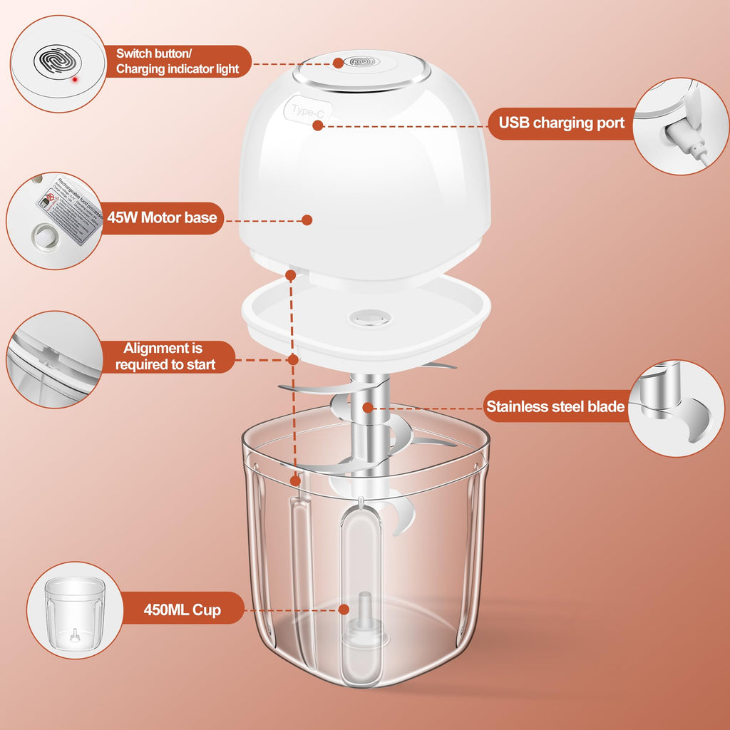 450ML (1.8 Cup) Electric Garlic Chopper, Mini Portable Food Processor