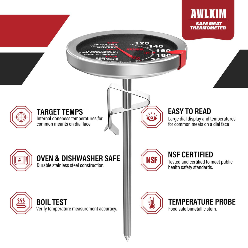 AWLKIM 2 Pack Analog Meat Thermometer Oven Safe Dial No Battery