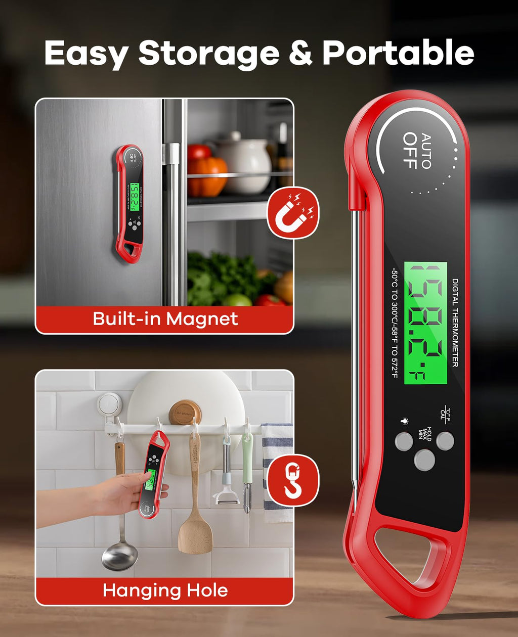 SILVLF Meat Thermometer Digital, Instant Read Thermometer with Backlight, Calibration & Hold Function, Waterproof Food Thermometer for Kitchen and Outside, BBQ,Turkey, Candy, Liquids, Beef