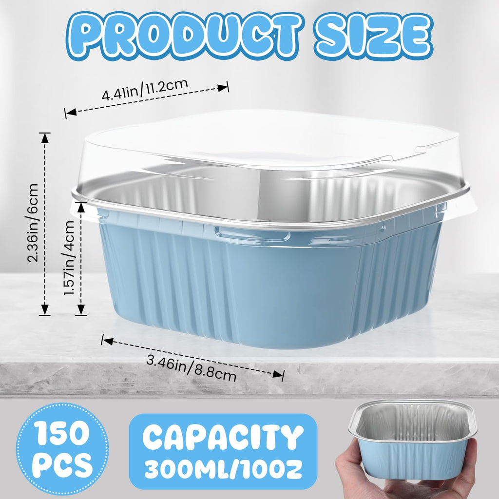 Aoriher 150 Pcs 10 oz Mini Cake Pans with Lids Aluminum Foil Baking Cup Disposable Square 4 x 4 Large Baking Tin, Muffin Pan Cheesecake Kitchen Brownie Pudding Desserts Holder(Sky Blue)
