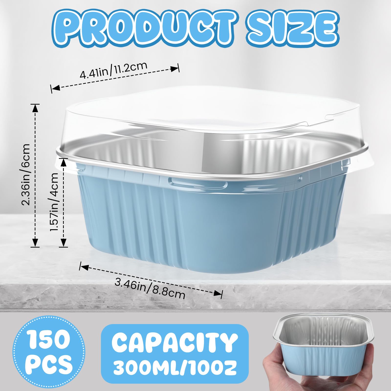Aoriher 150 Pcs 10 oz Mini Cake Pans with Lids Aluminum Foil Baking Cup Disposable Square 4 x 4 Large Baking Tin, Muffin Pan Cheesecake Kitchen Brownie Pudding Desserts Holder(Sky Blue)