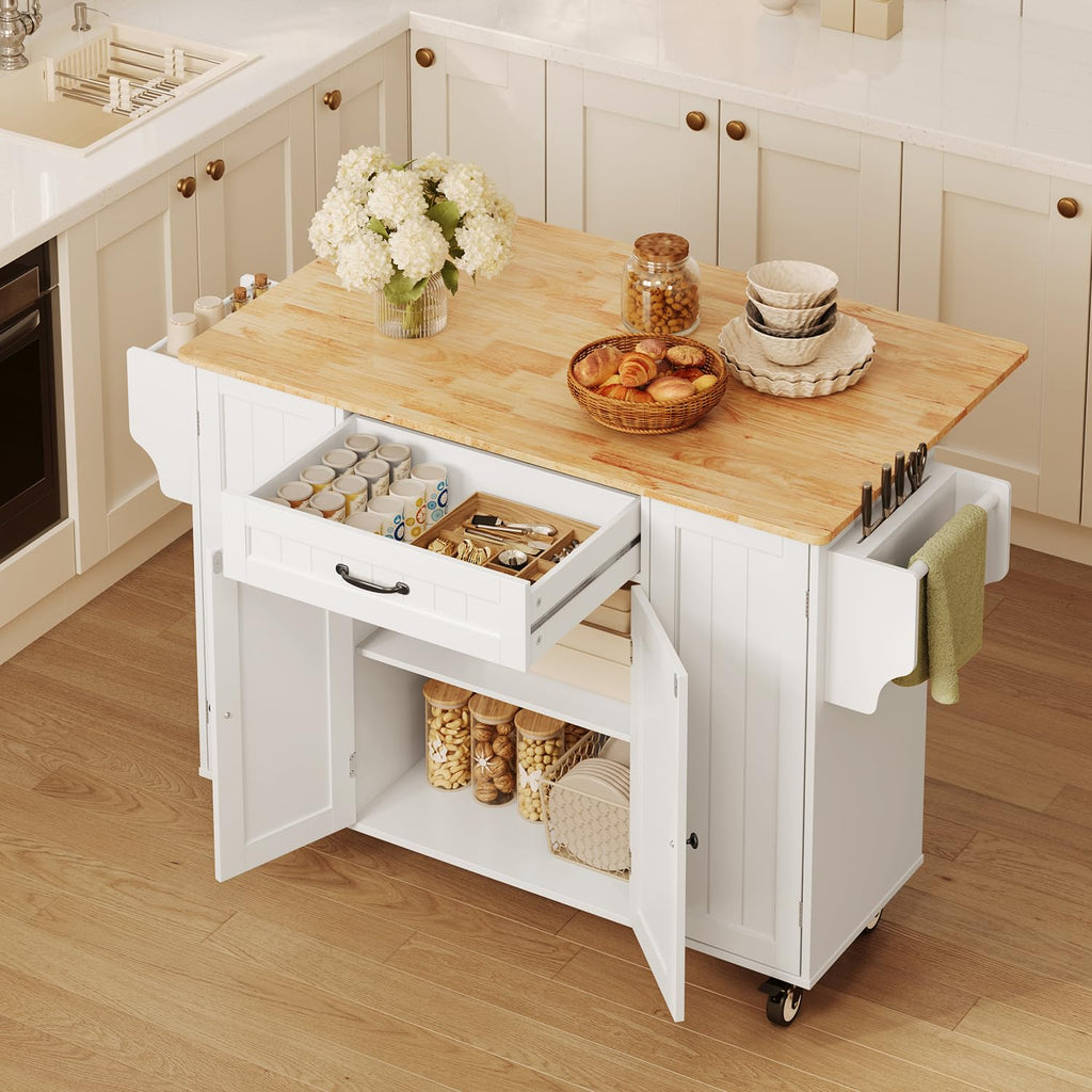 Ahomly 47.6" Kitchen Island with Storage, Drop Leaf, Knife Holder, White