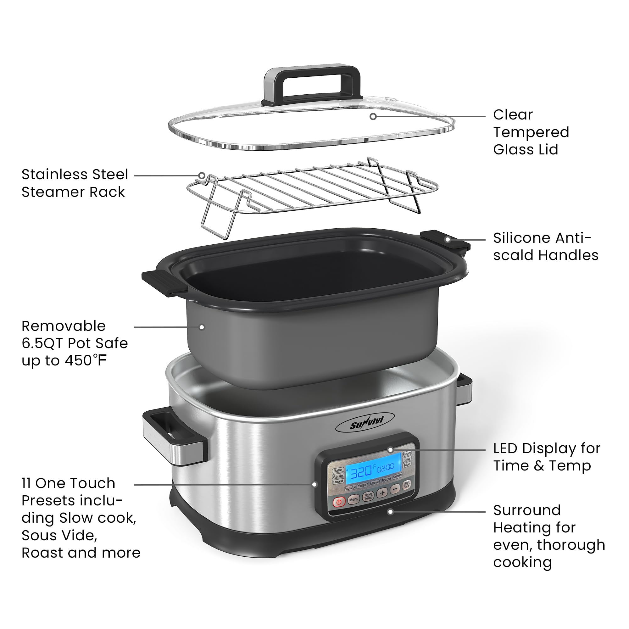 Sunvivi 12-in-1 Programmable Slow Cooker 6.5QT with Timer & Keep Warm