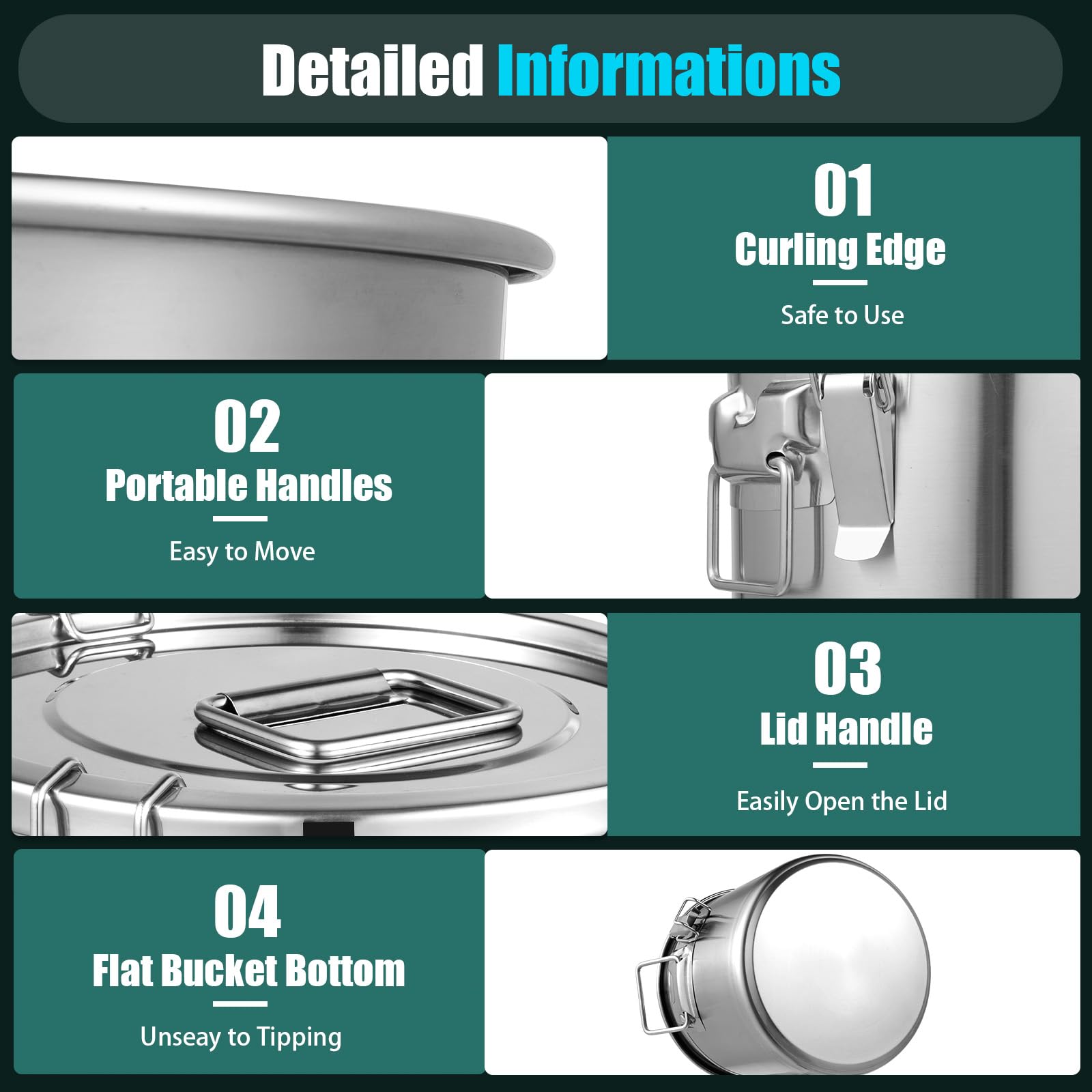 Beaccoss 304 Stainless Steel Airtight Canister for Kitchen, 3.2Gal/405oz Flour Container with Lids and Sturdy Locking Clamp, Metal Bucket Food Storage Containers for Rice Flour Coffee Bean Tea