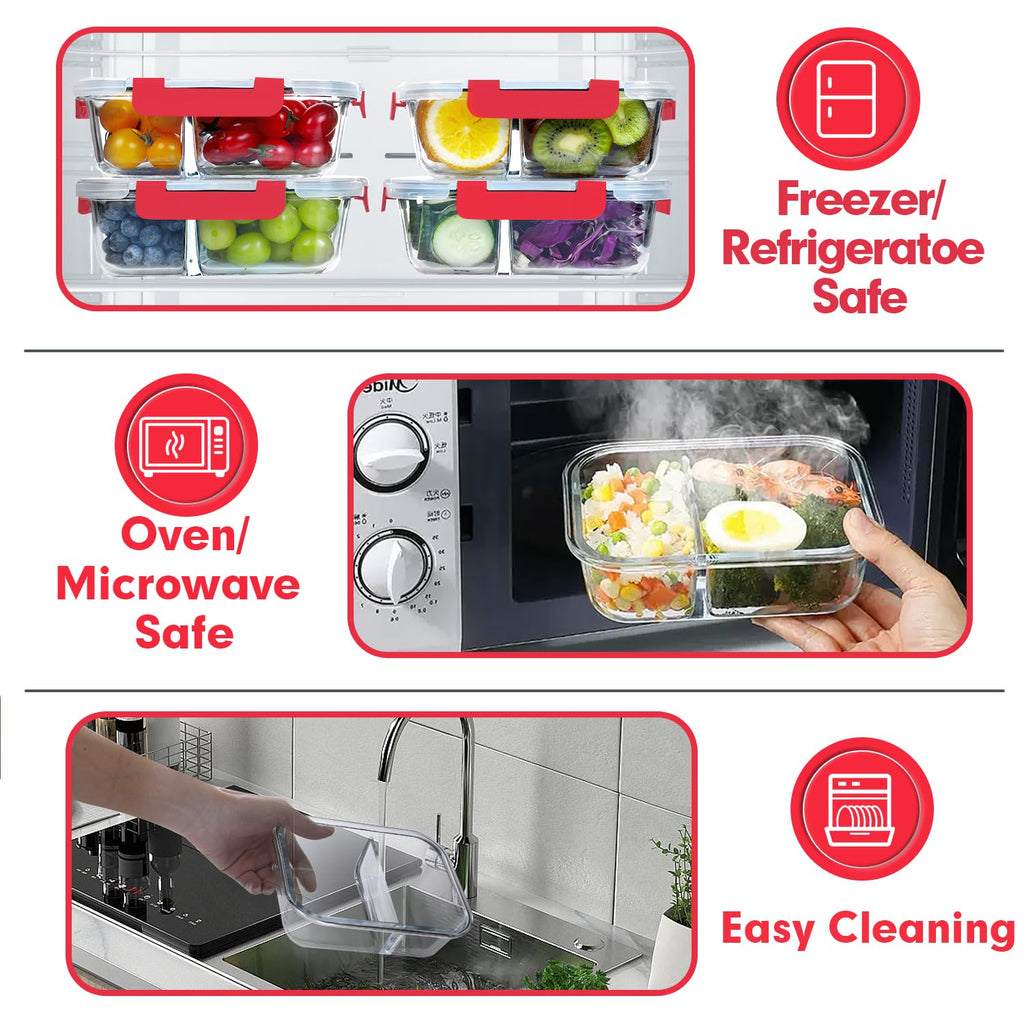 VERONES 10 PACK 30 OZ Glass Meal Prep Containers 2 Compartment Set, Red