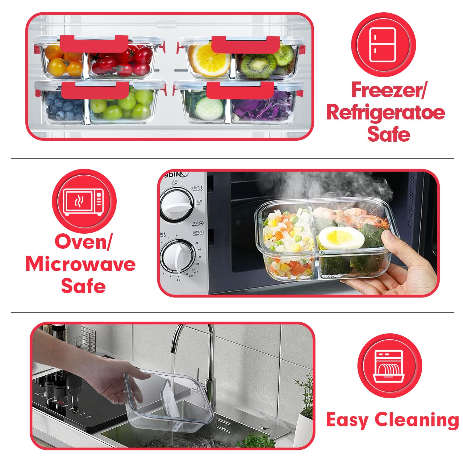 VERONES 10 PACK 30 OZ Glass Meal Prep Containers 2 Compartment Set, Red