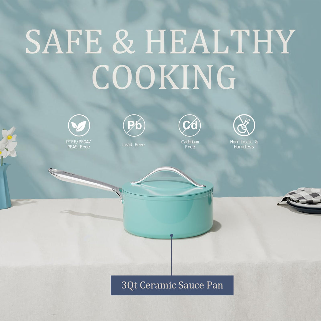 CookinCraze Premium Ceramic Sauce Pan with Lid, 3.5 QT Nonstick Saucepan
