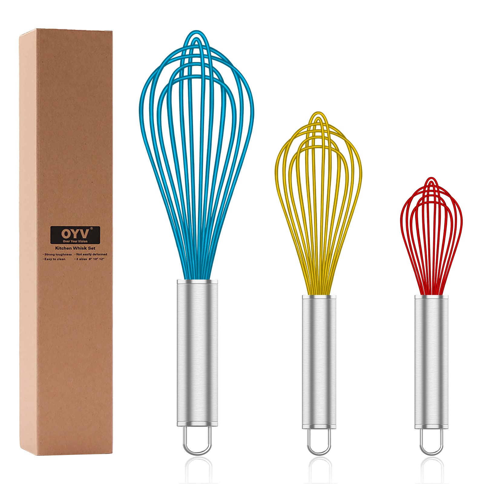 OYV Whisk,Sturdy Stainless Steel Wires Coated in Professional Silicone,3 Pack Whisks for Cooking,Mini Whisk,Colored Balloon Egg Beater for Blending,Whisking,Beating,Stirring,Cooking,Baking (Multi)