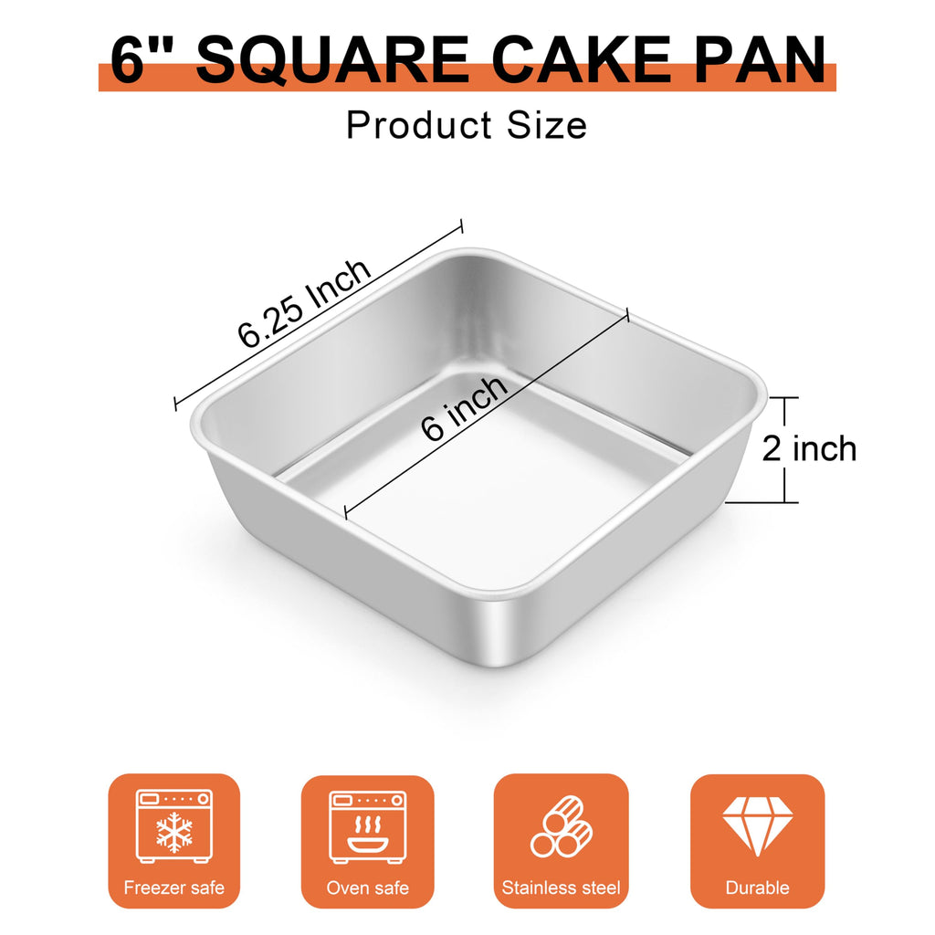 LIANYU 6 Inch Square Baking Cake Pan, Stainless Steel Brownie Bread Pan