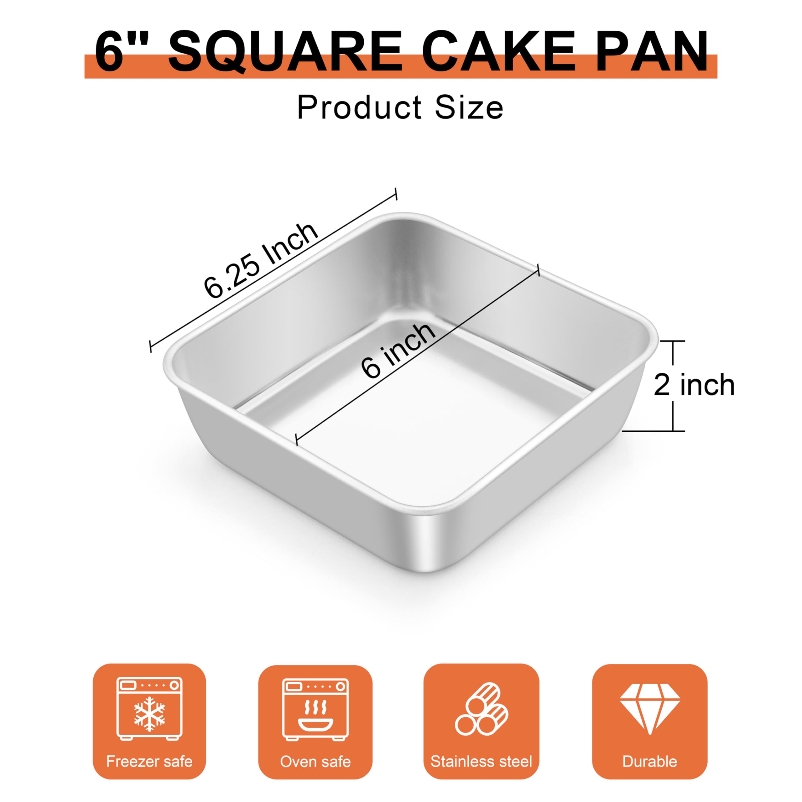 LIANYU 6 Inch Square Baking Cake Pan, Stainless Steel Brownie Bread Pan