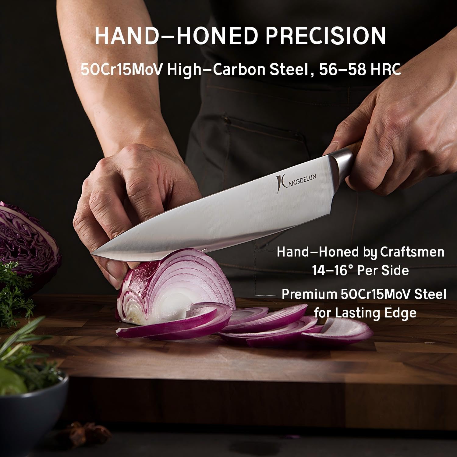 Kangdelun Ultra Sharp 15-Piece Knife Set, 50Cr15MoV High-Carbon Stainless Steel, Torrefied Brown Ash Wood Handles, Angled Dark Brown Wood Block, Easy Hand Wash, Gift Box