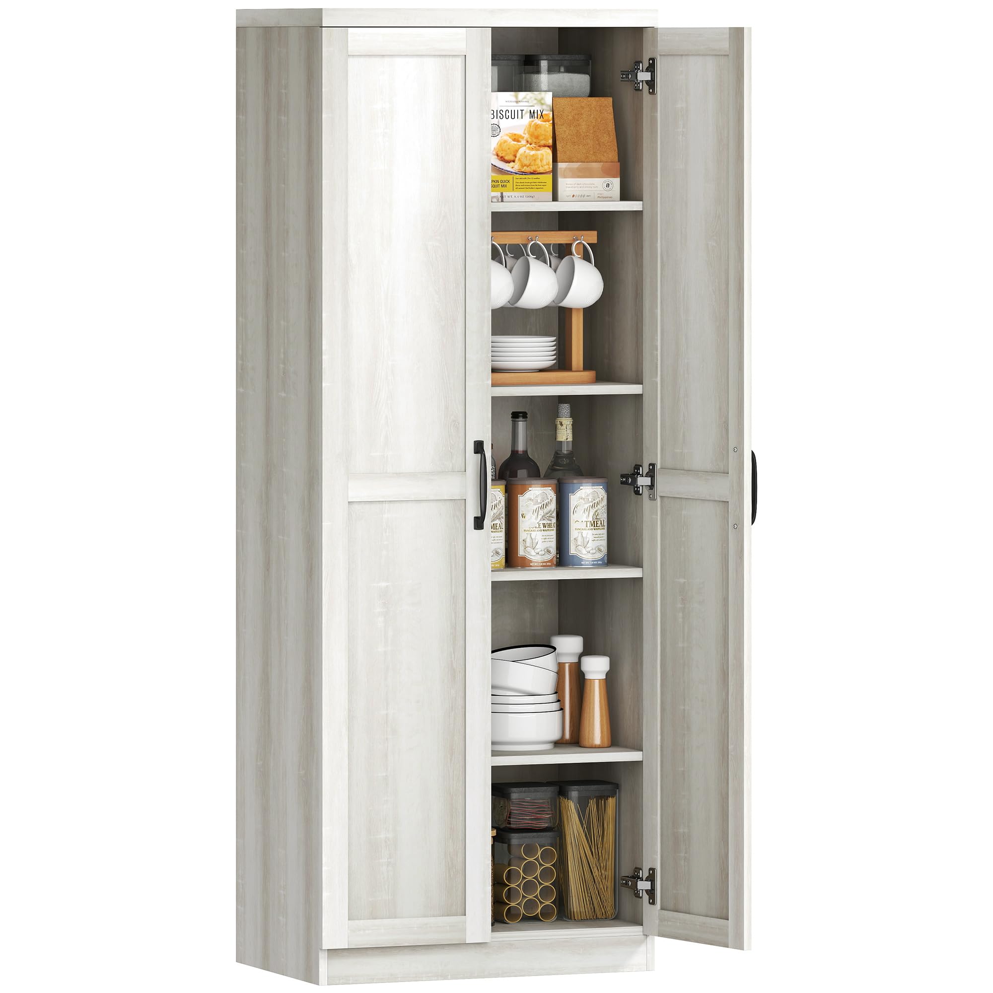 HOMCOM 63" 2-Door Kitchen Pantry 5-Tier Antique White