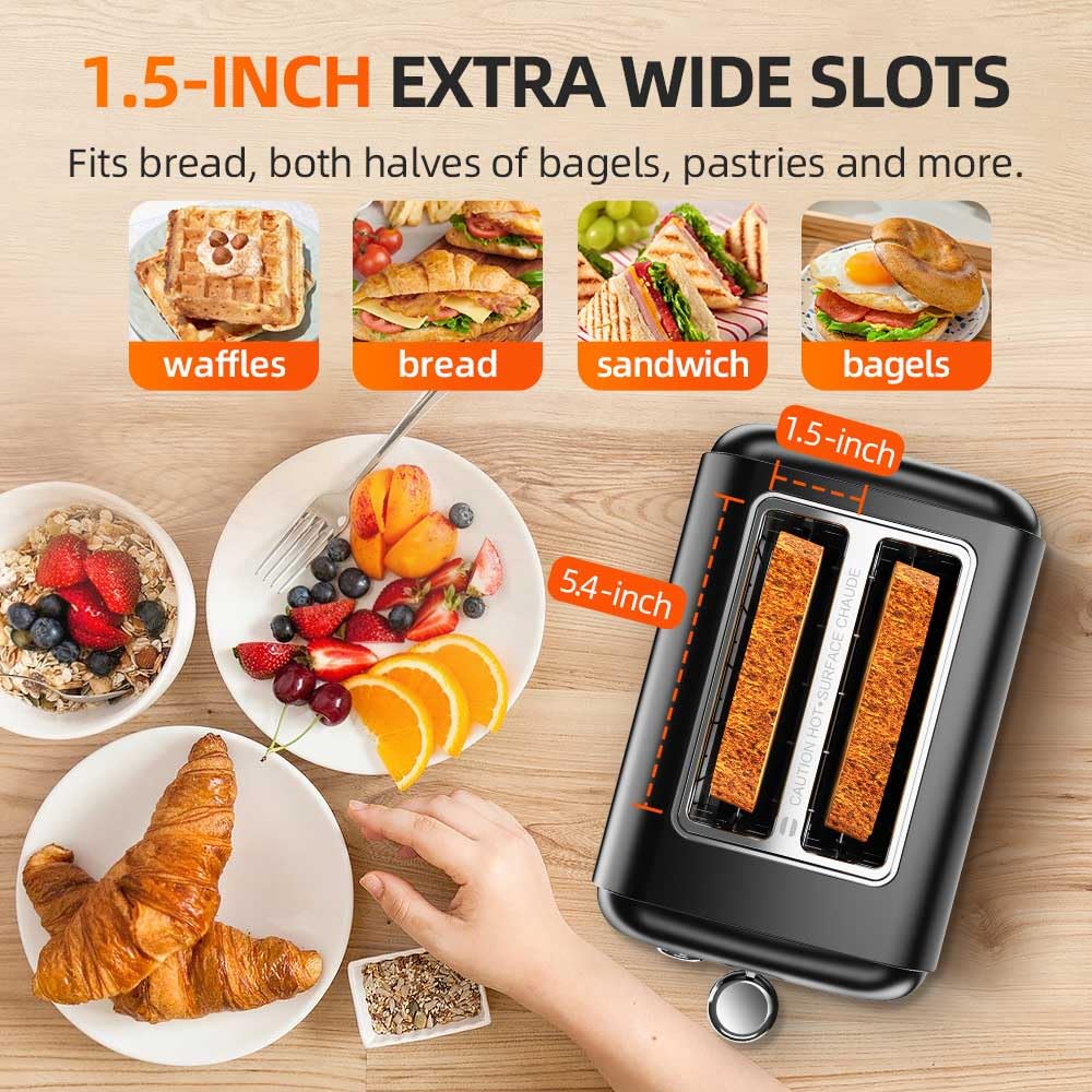 RAMJOY Black Toaster 2 Slice, Extra Wide Slot Toaster for Bagels, Bread, Waffles, 7 Shade Settings, 4 Main Functions, Removable Crumb Tray, 900 Watts Toasters, Black Stainless Steel