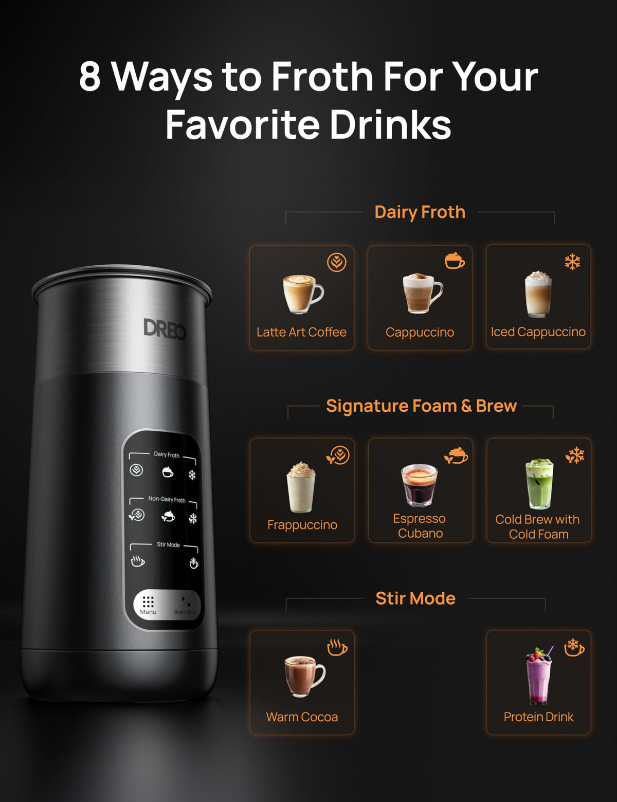 DREO Milk Frother, 8-in-1 Electric Stainless Steel Frother for Latte Art Microfoam and Coffee, 9oz/270ml Warm and Cold Foam Automatic Frothers, LED, Easy to Clean