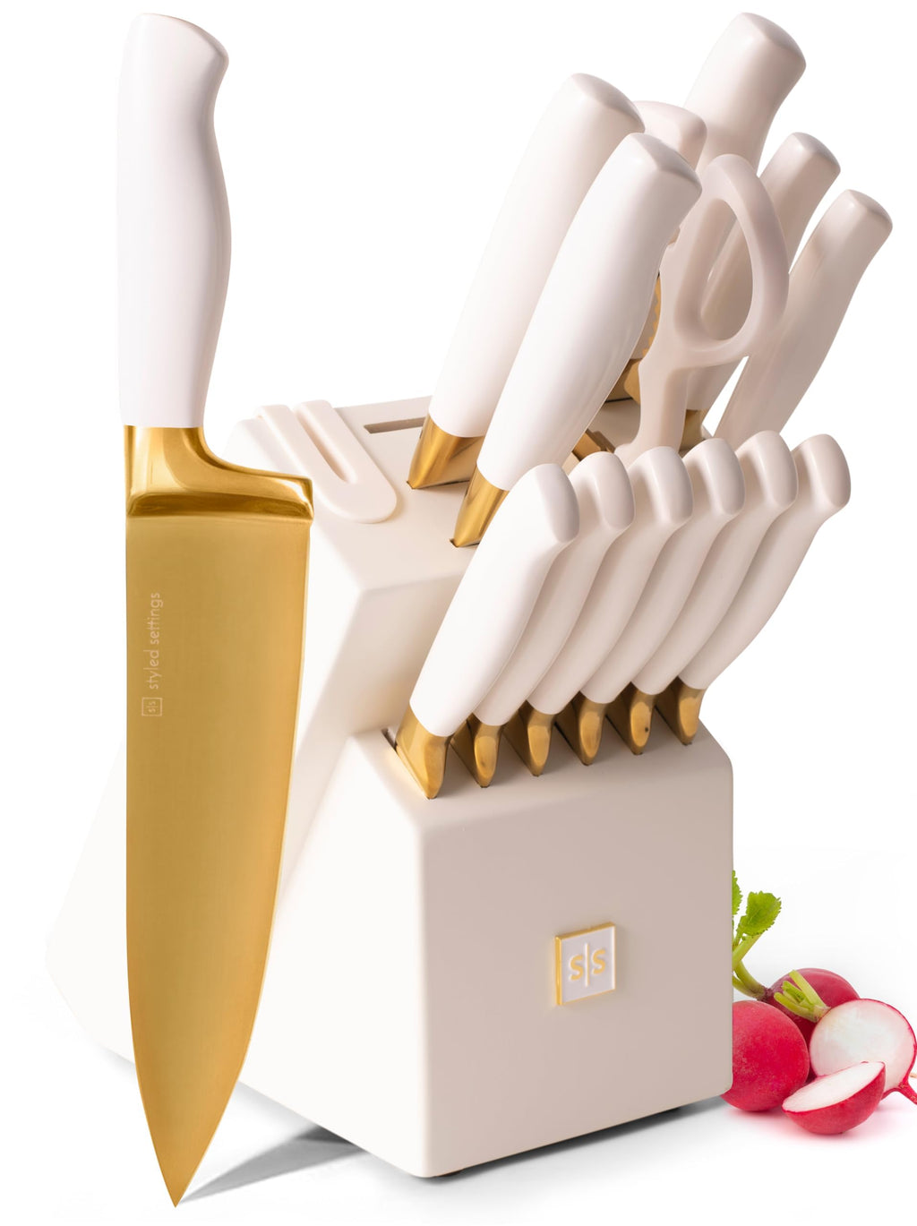 Styled Settings White and Gold Knife Set with Block and Sharpener 14-Piece