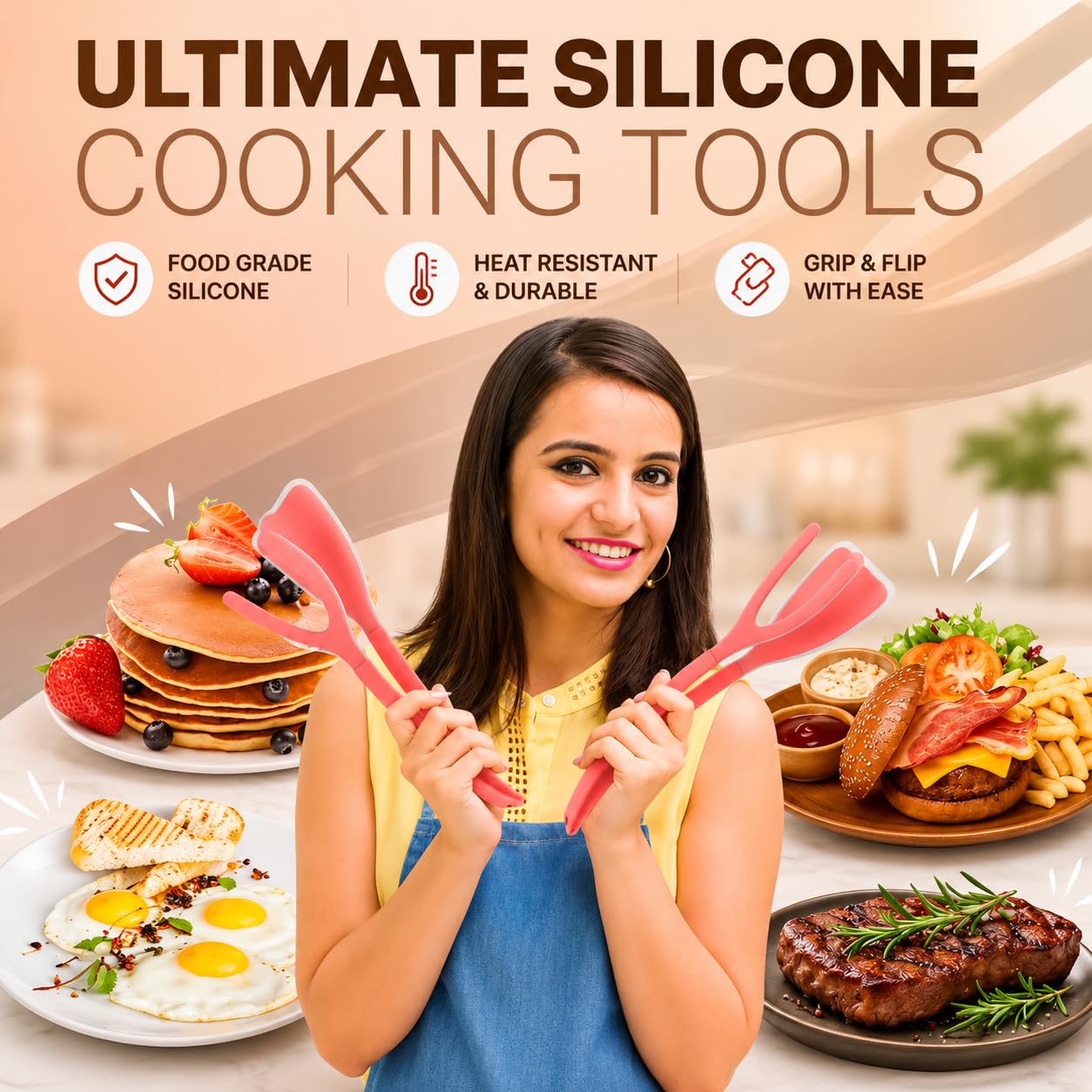 ZONZEST Silicone Egg Flipper Spatula Tongs (Set of 1) – Non-Stick 2-in-1 Grip & Flip Kitchen Tongs for Pancakes, Fish, Eggs, and More – Heat Resistant Cooking Tool (Pink)