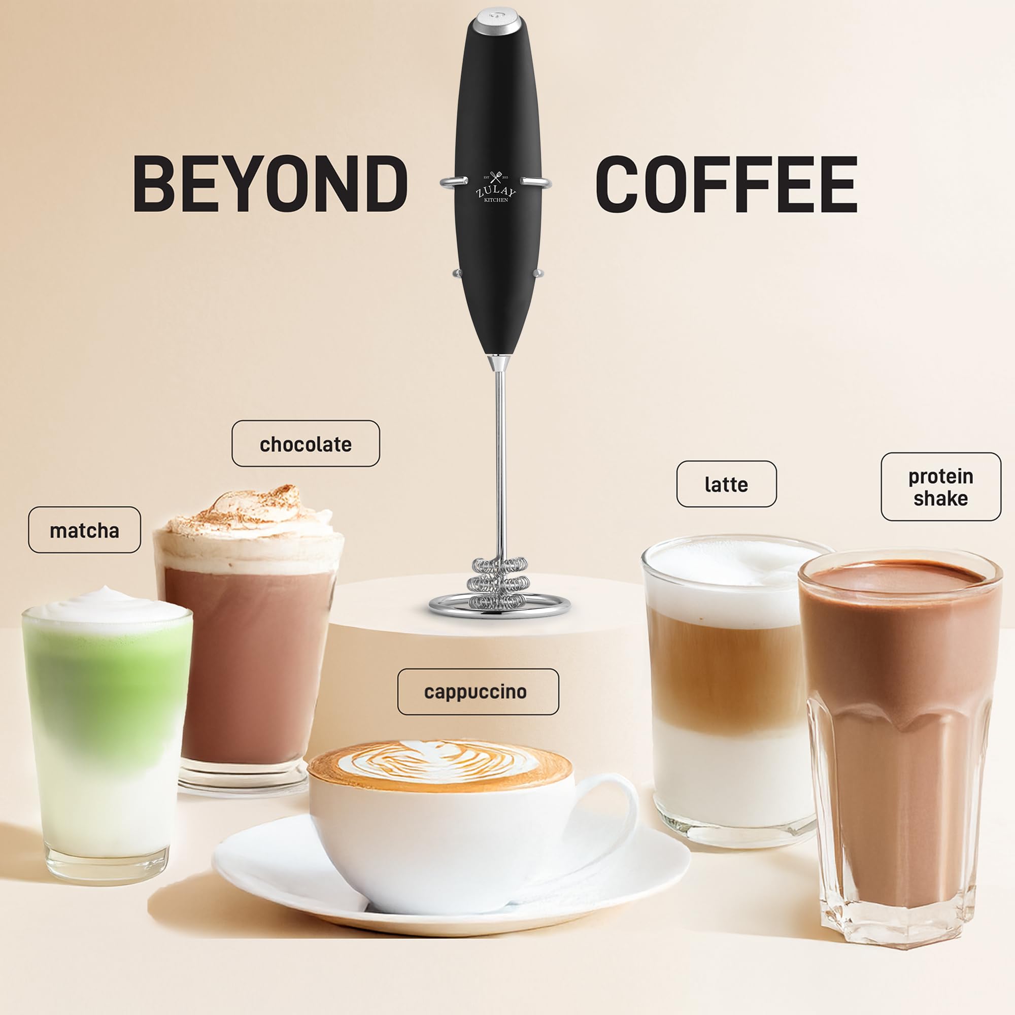 Zulay Kitchen Powerful Milk Frother Wand With Duracell Batteries - Ultra Fast Handheld Drink Mixer - Electric Whisk Foam Maker for Coffee, Lattes, Cappuccino & Matcha - Triple Whisk - Black