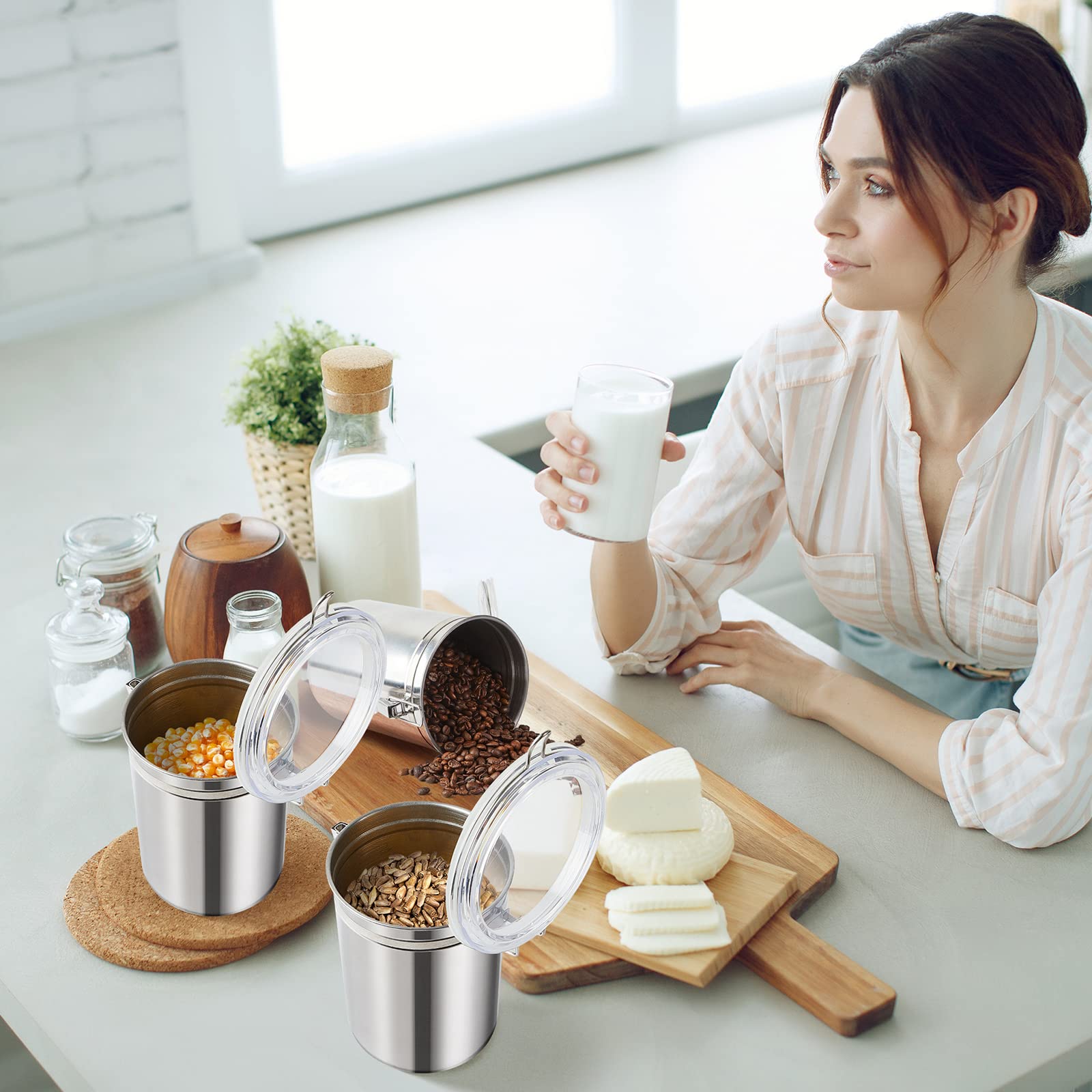 Lallisa 1 Pcs Stainless Steel Kitchen Canister 62 fl oz with Airtight Clear Clamp Lid, Metal Food Storage Container Set for Coffee Bean Ground Coffee Flour Sugar Spice Tea Cereal Snack Candy Pantry